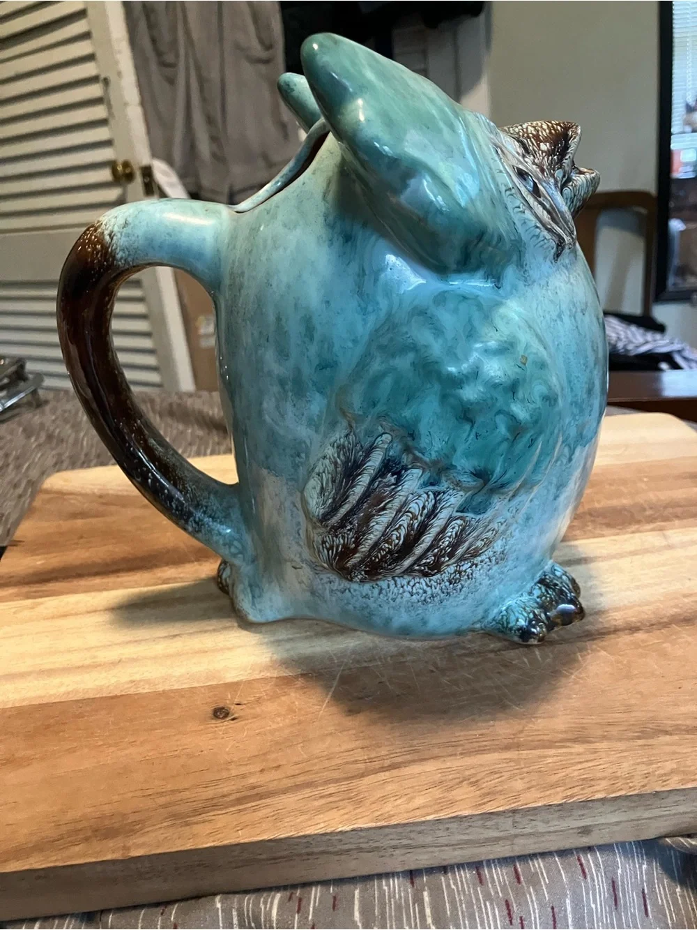 Vintage Handcrafted Turquoise Glazed Ceramic Owl Pitcher